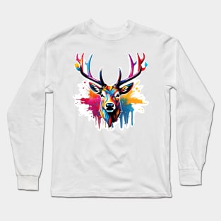 Stag Head Dripping Rainbow Graffiti Long Sleeve T-Shirt